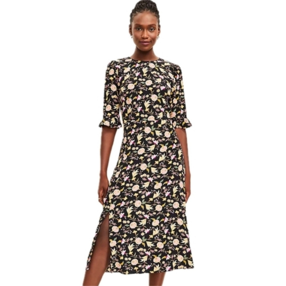 Loft Elbow Sleeve Floral Dress Black Size 12